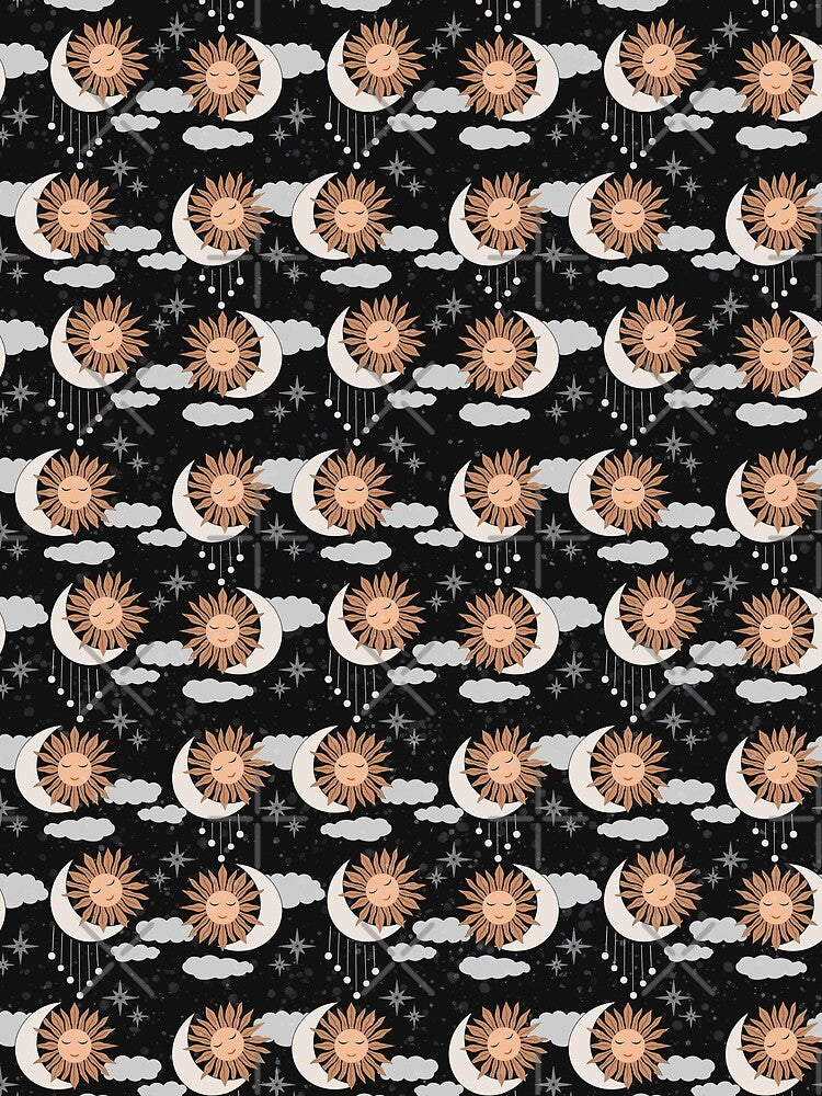 Small scale of Black Celestial Sun Moon Pattern Boho Night Sky Art by DColourMuse