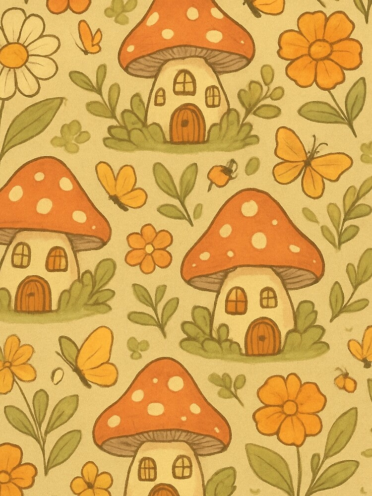 Cottagecore Mushroom House Pattern | Whimsical Forest & Flowers by Kyfrixe