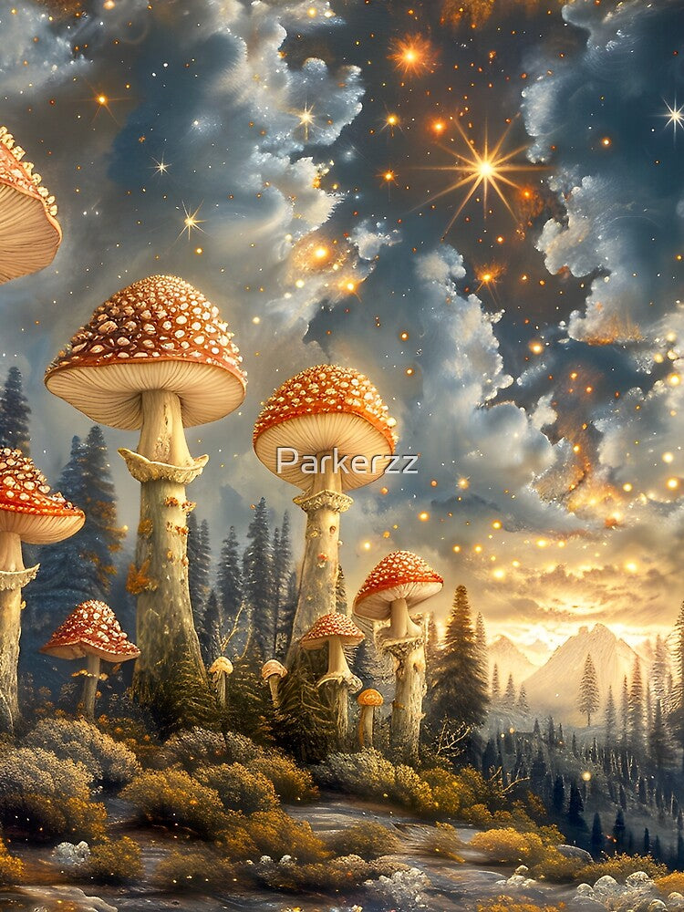 Enchanted Mushroom Forest Celestial Sky Fantasy Cottagecore Art by Parkerzz