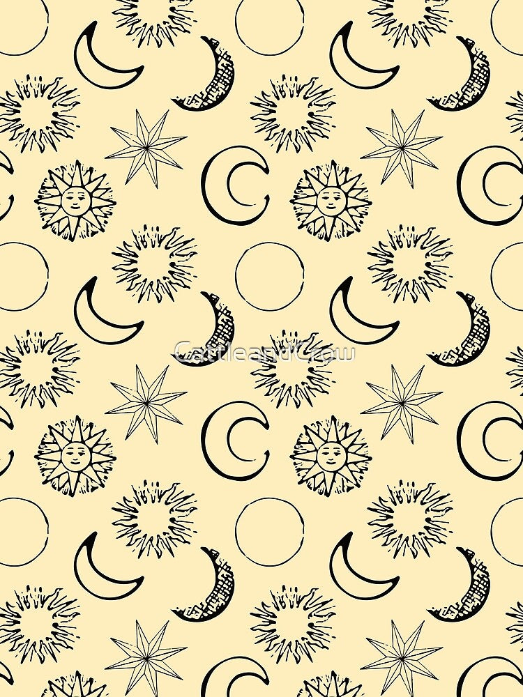 Vintage Sun and Moon Pattern on Yellow by CattleandCrow