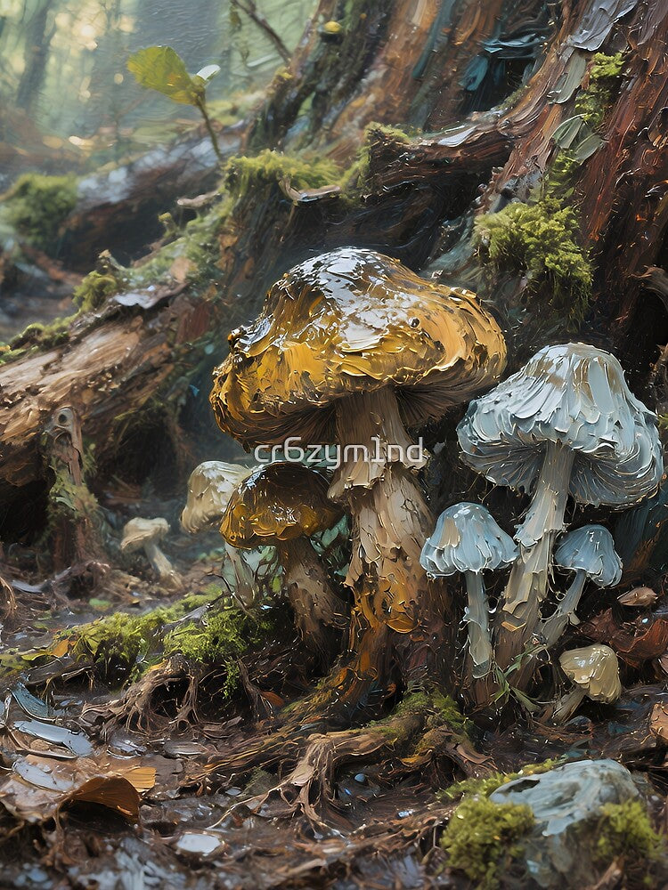 Moody Forest Mushrooms Art Print – Dark Cottagecore Woodland Fungi Aesthetic, Magical Nature Painting by cr6zym1nd