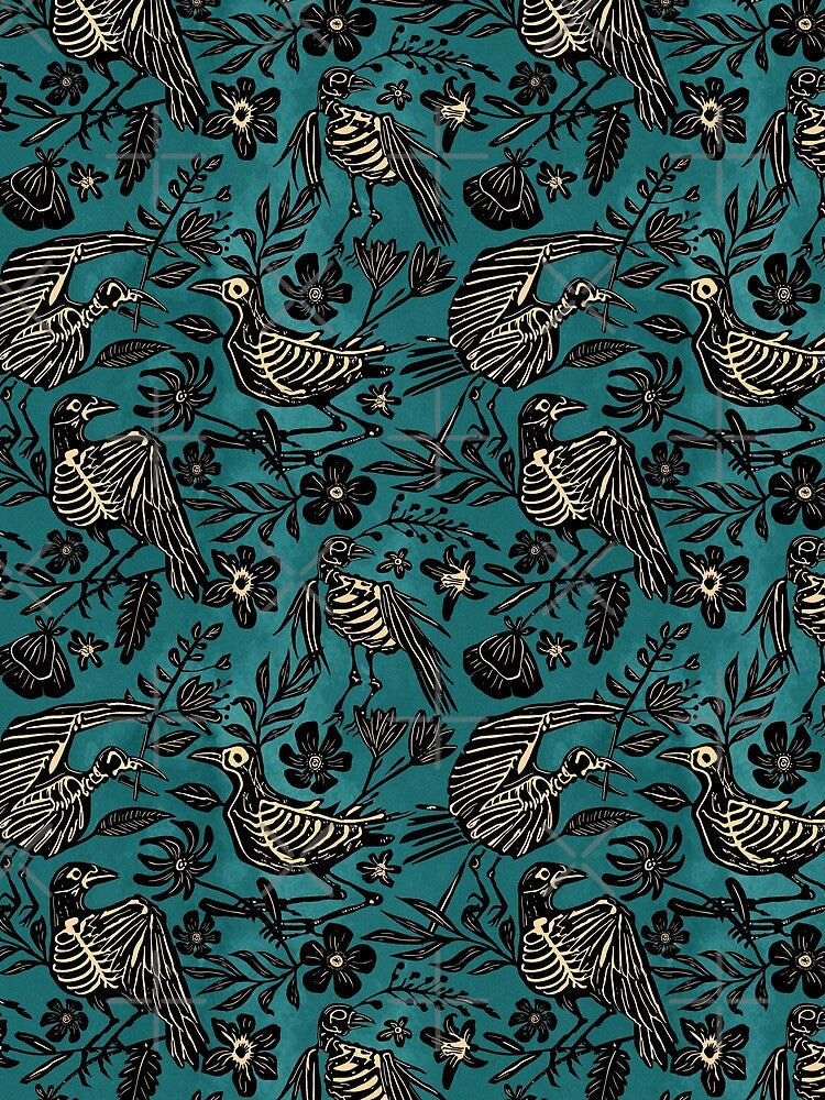 Dark folk art linocut block print floral bird skeleton pattern in teal, black, and cream by RedFinchDesigns