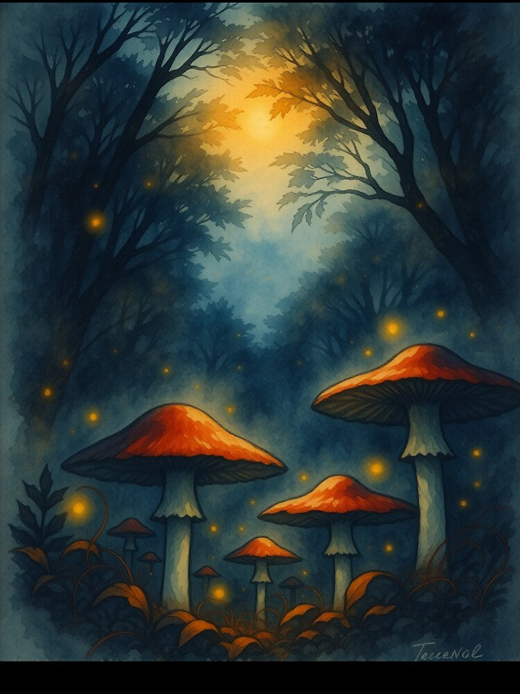Enchanted Red Mushrooms – Mystical Moonlit Forest Art by The Rogue Mark