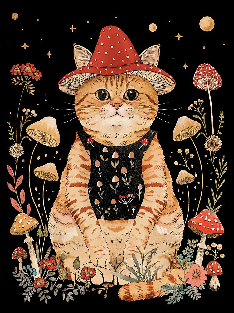 Cottagecore Mushroom Cat T-Shirt – Whimsical Cat in Red Mushroom Hat with Forest Flowers & Stars | Goblincore Aesthetic by Nyx Creates