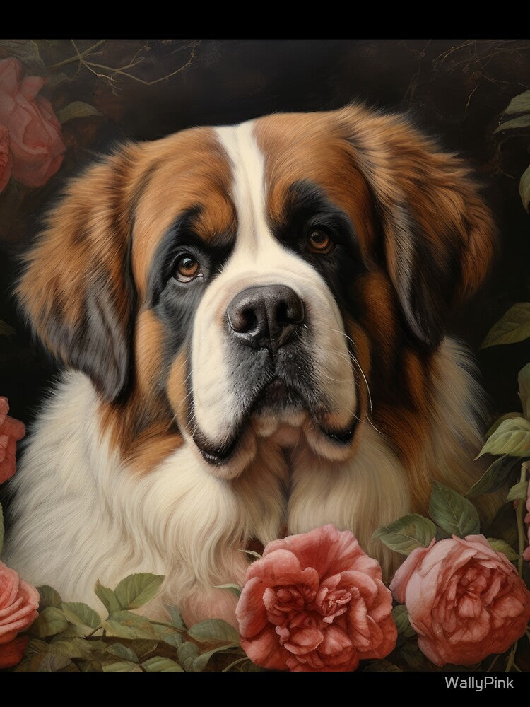 Saint Bernard dog puppy in secret garden, retro vintage art style by WallyPink