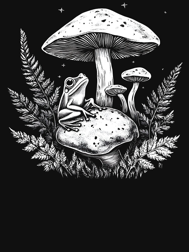 Cottagecore Frog on Mushroom – Goblincore Fern Forest Illustration T-Shirt | Whimsical Nature Aesthetic by Nyx Creates