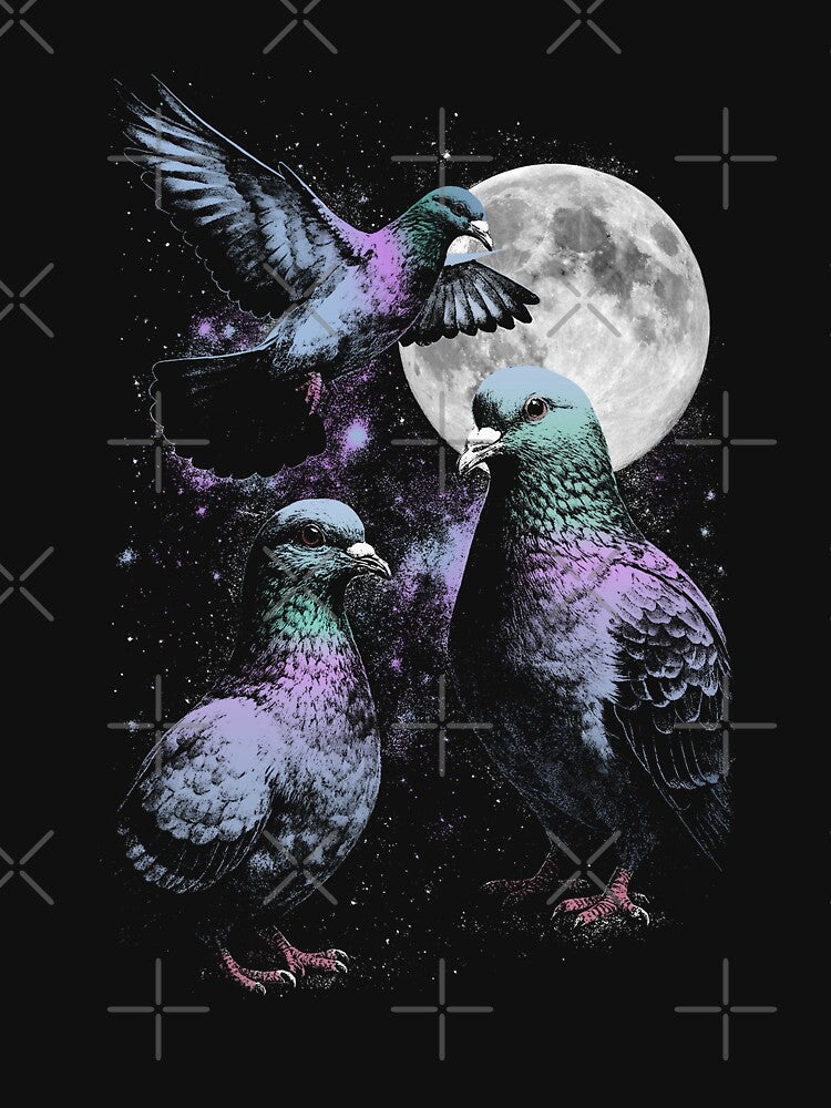 Retro Graphic Three Pigeon Moon Weird Cursed Meme by Torionrad