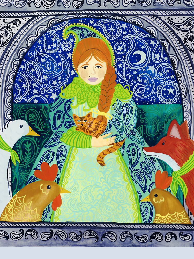 Enchanting Folk Woman with Animals - Vibrant Art Print Illustration Watercolor Art by Jemma Jamie Skidmore by Jemma Jamie Skidmore