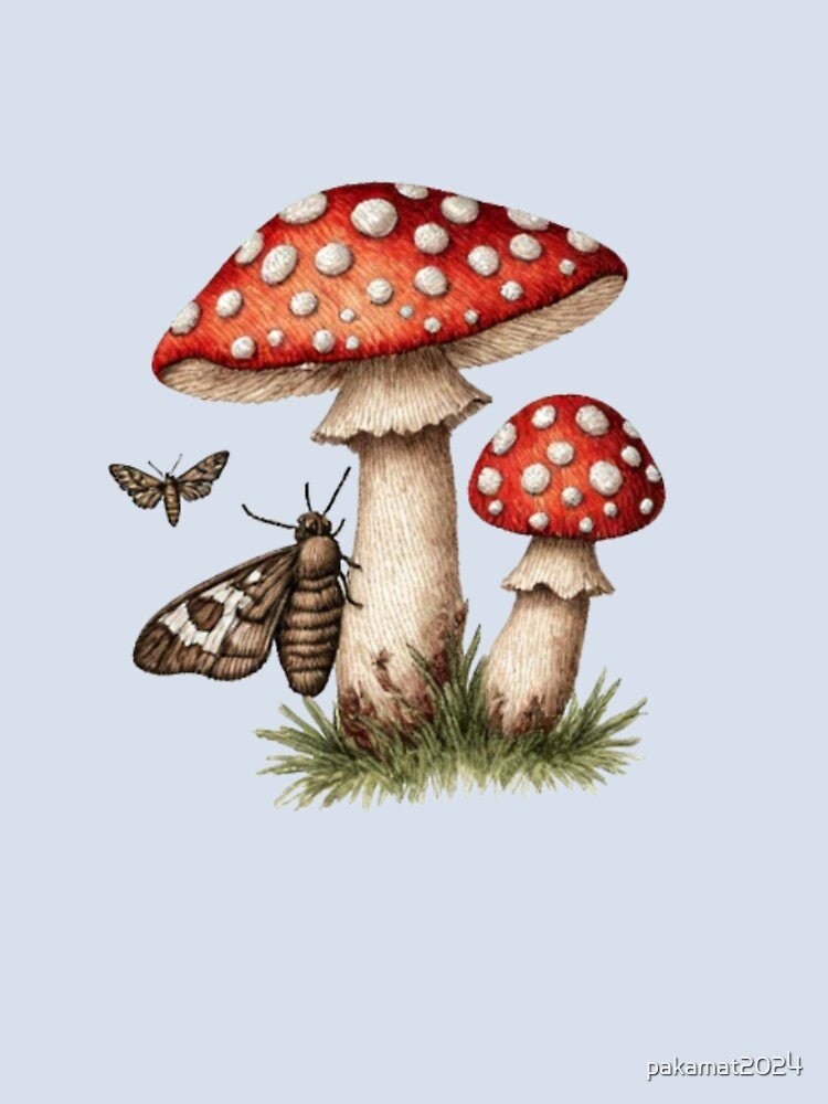 Red Mushroom Embroidery Design Cottagecore Forest Woodland Graphic Tee by Paka Shop