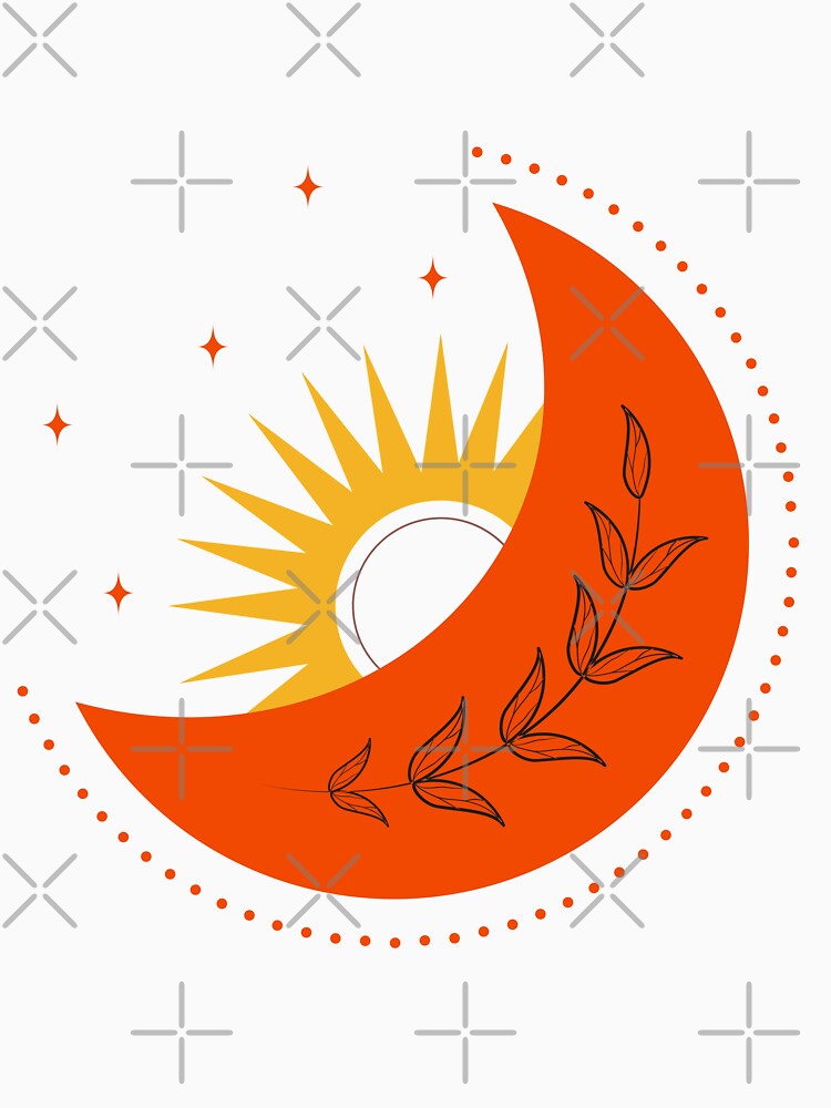 sun, sunshine, moon, crescent moon, moon and sun, bright, aesthetic, cheerful, vsco, trippy, hippie, celestial, minimalist, popular, trendy, mayan, bohemian, boho, Aztec, red yellow and black, by CapturedByeJ