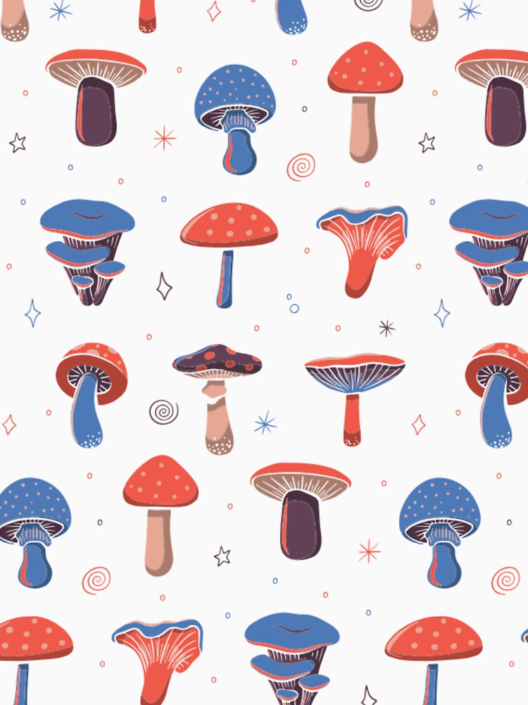 Dark Cottagecore Mushroom Seamless Pattern Red Blue Botanical Fungi Art by DERA RAY