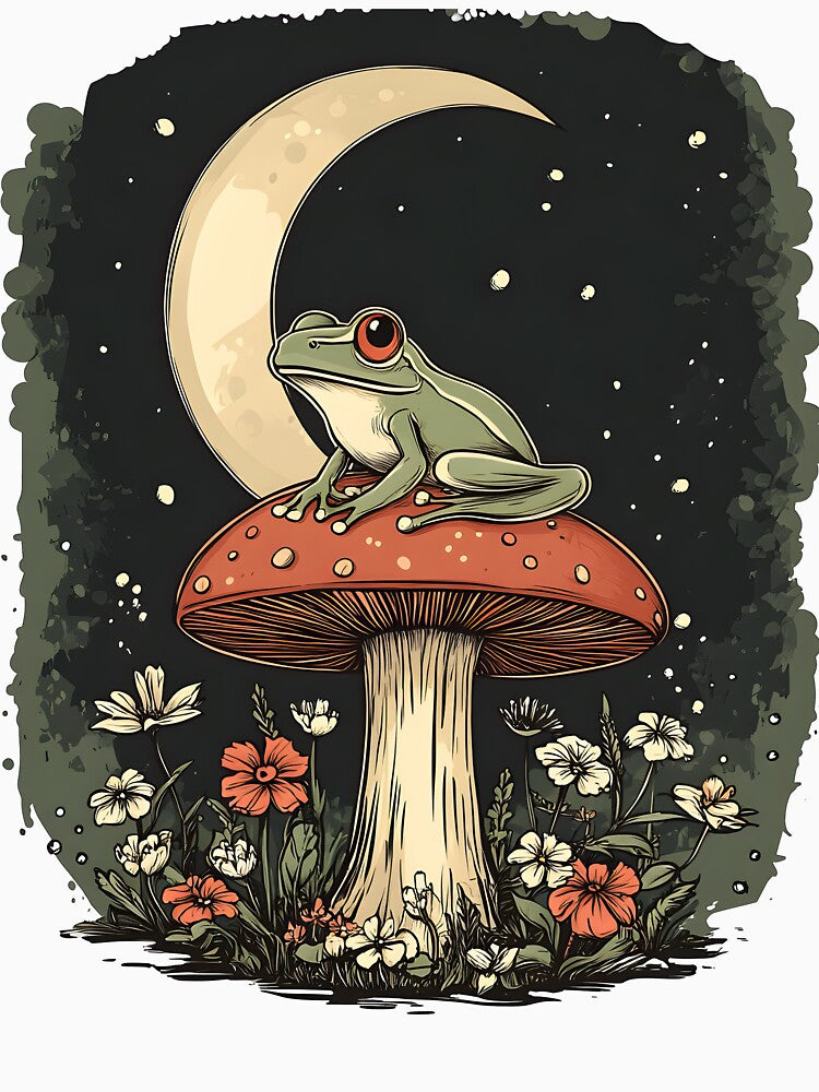 Whimsical Frog on Mushroom Moon Cottagecore by Nyx Creates