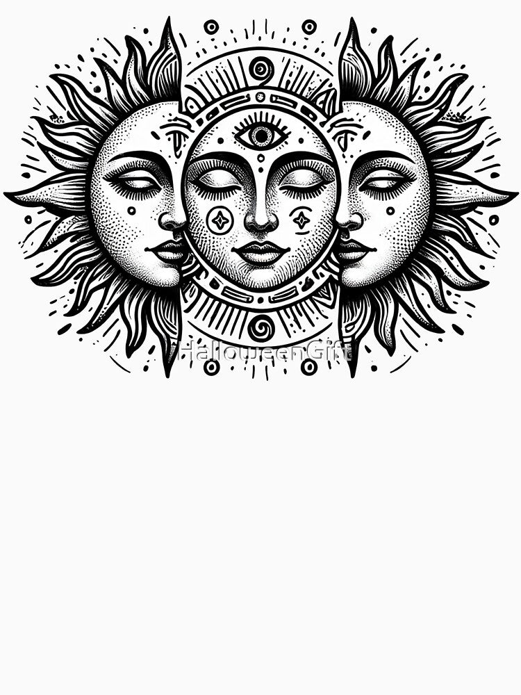Mystical Vintage Sun and Moon Faces Solar Eclipse Spiritual Boho Celestial Art by HalloweenGift
