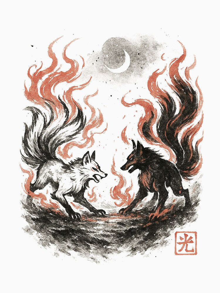 Kitsune Duel Under Moon with Foxfire Flames by Hikadezain