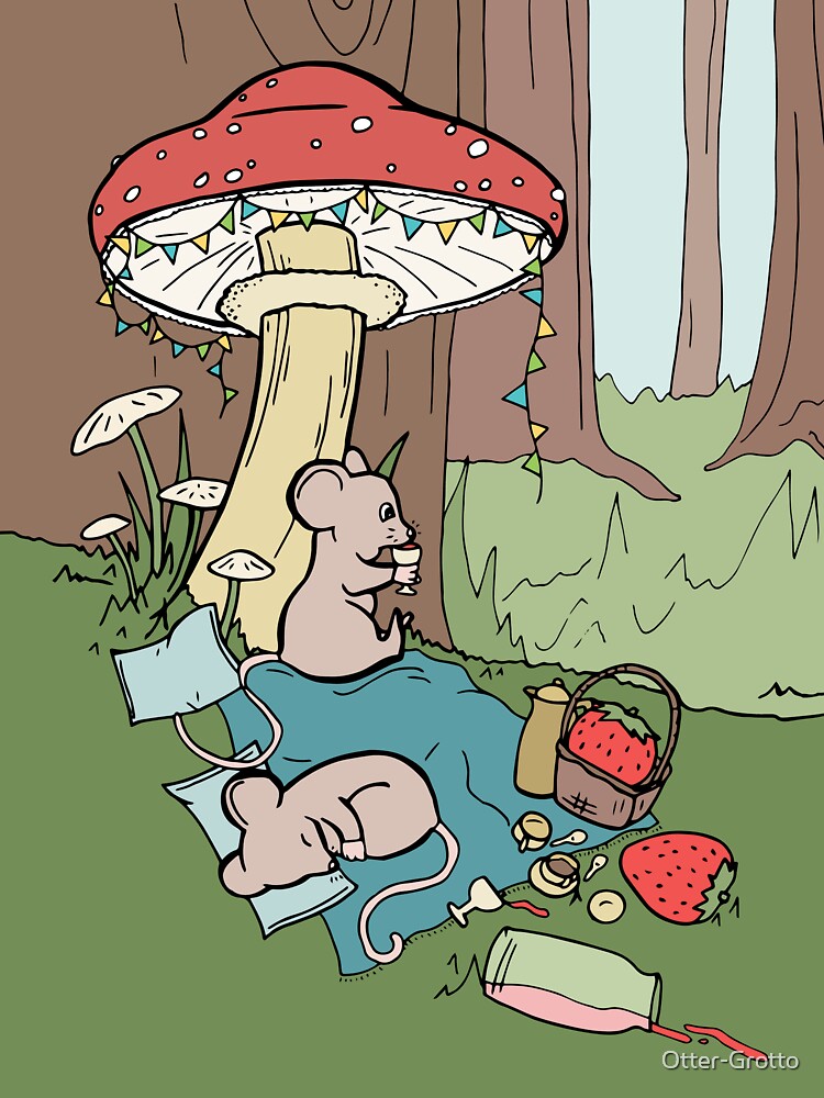 Mouse Picnic with Strawberries Under a Giant Mushroom by Otter-Grotto