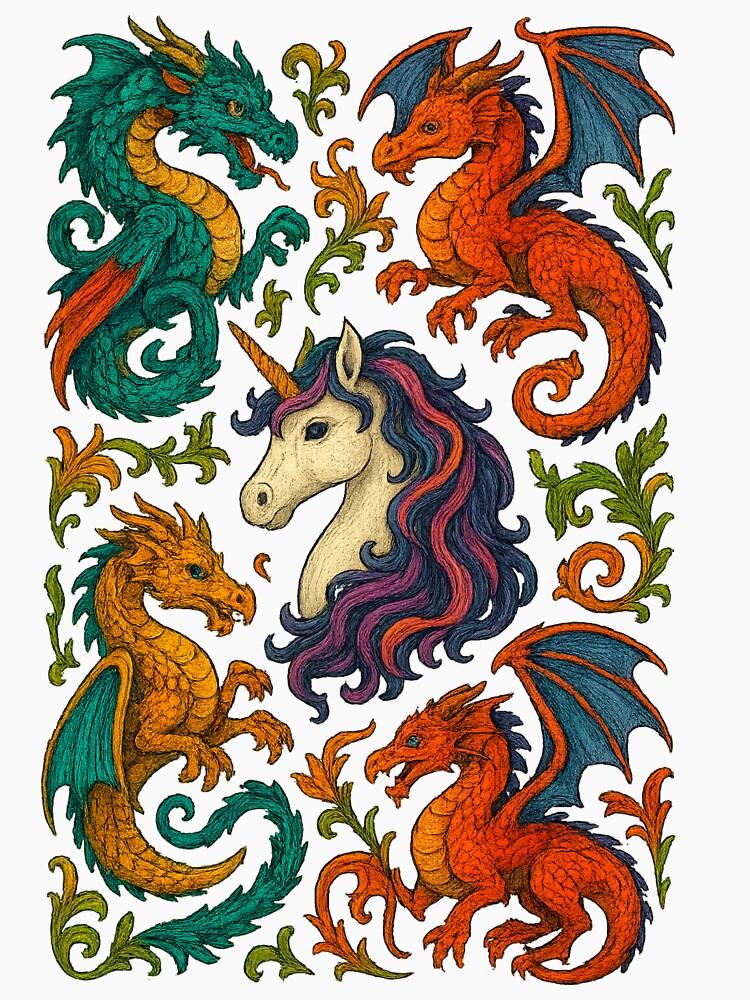 Colorful Dragons and Mystical Unicorn Art by SholoStudio