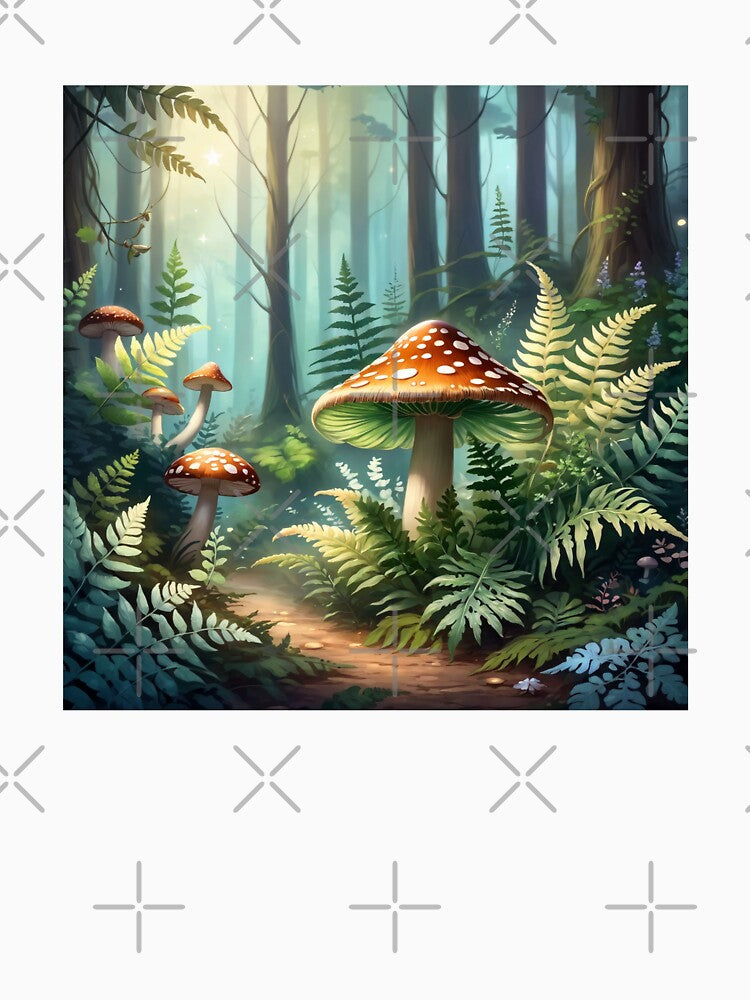Cottagecore mushrooms in a forest surrounded by fern by Moonde04