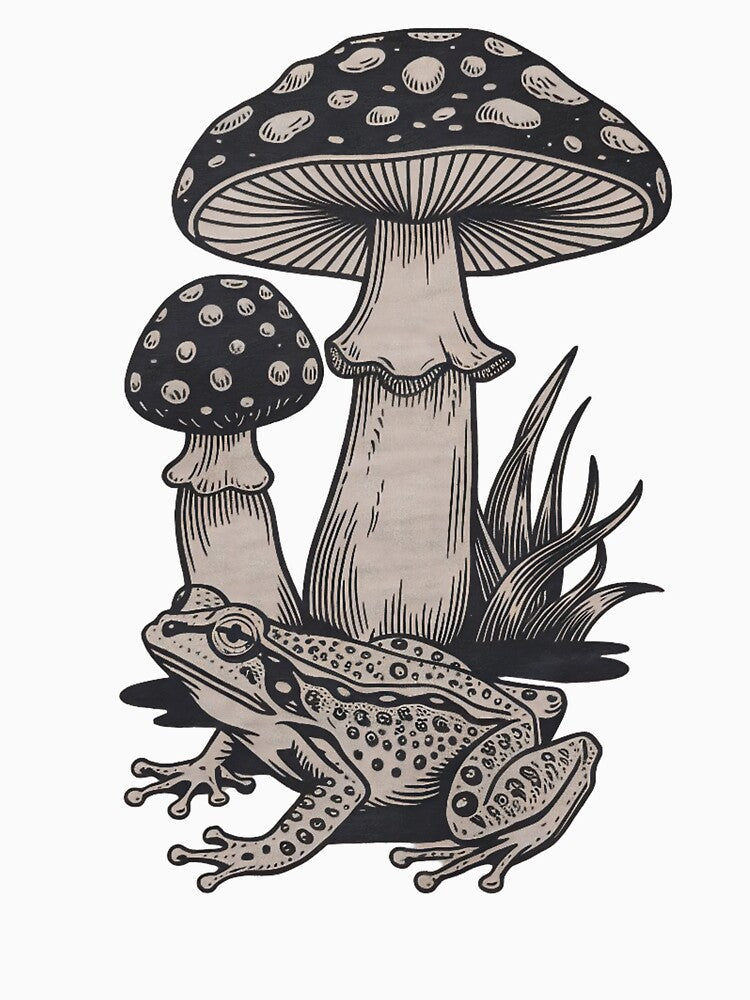 Vintage Toad and Forest Mushrooms T-Shirt Botanical Cottagecore Gift by ZyxDes