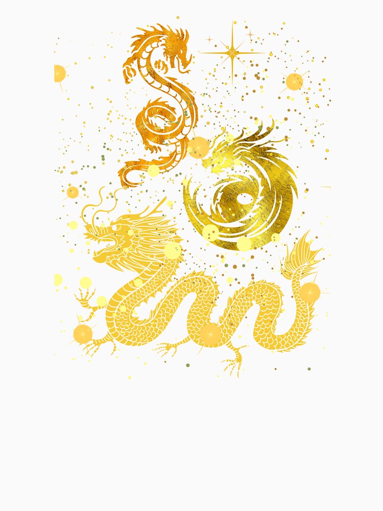 Golden dragons in various poses, surrounded by shimmering stars, celestial elements, and swirling patterns. by PholPol1959