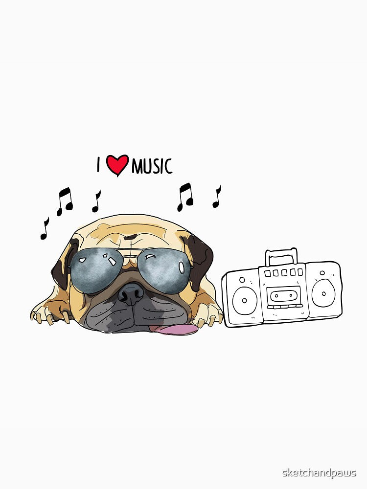 I Love Music Pug-Retro Dog by sketchandpaws