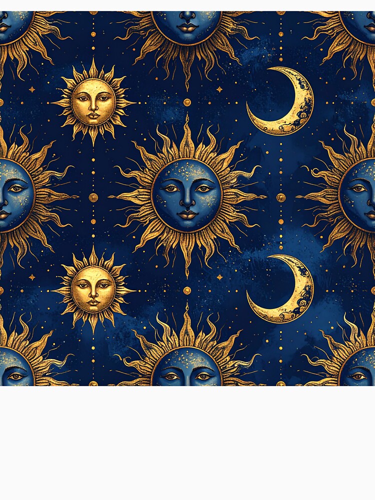 Celestial Sun Moon Face Midnight Blue Gold Seamless Pattern by Grainwork