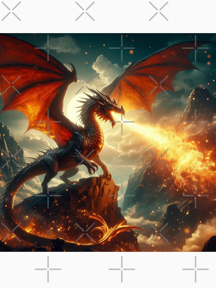 fiery red dragon breathing fire in the mountains by Expressions-Sel