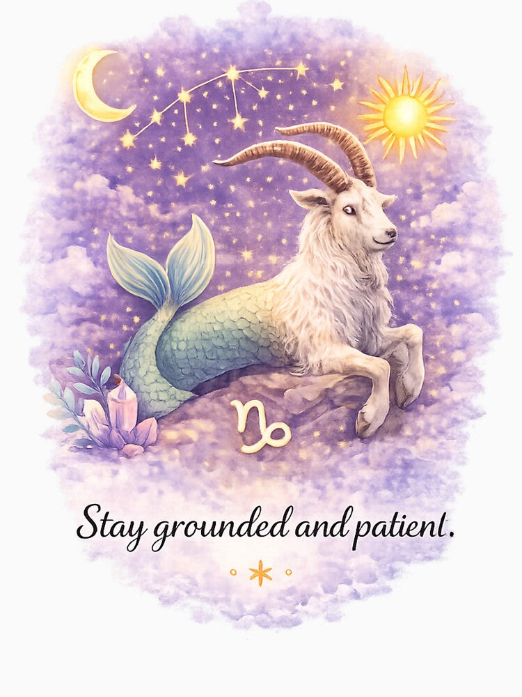 Capricorn Zodiac Watercolor Art – Celestial Astrology Illustration, Stay Grounded and Patient Quote, Capricorn Zodiac Sign Gift by ChemiroL