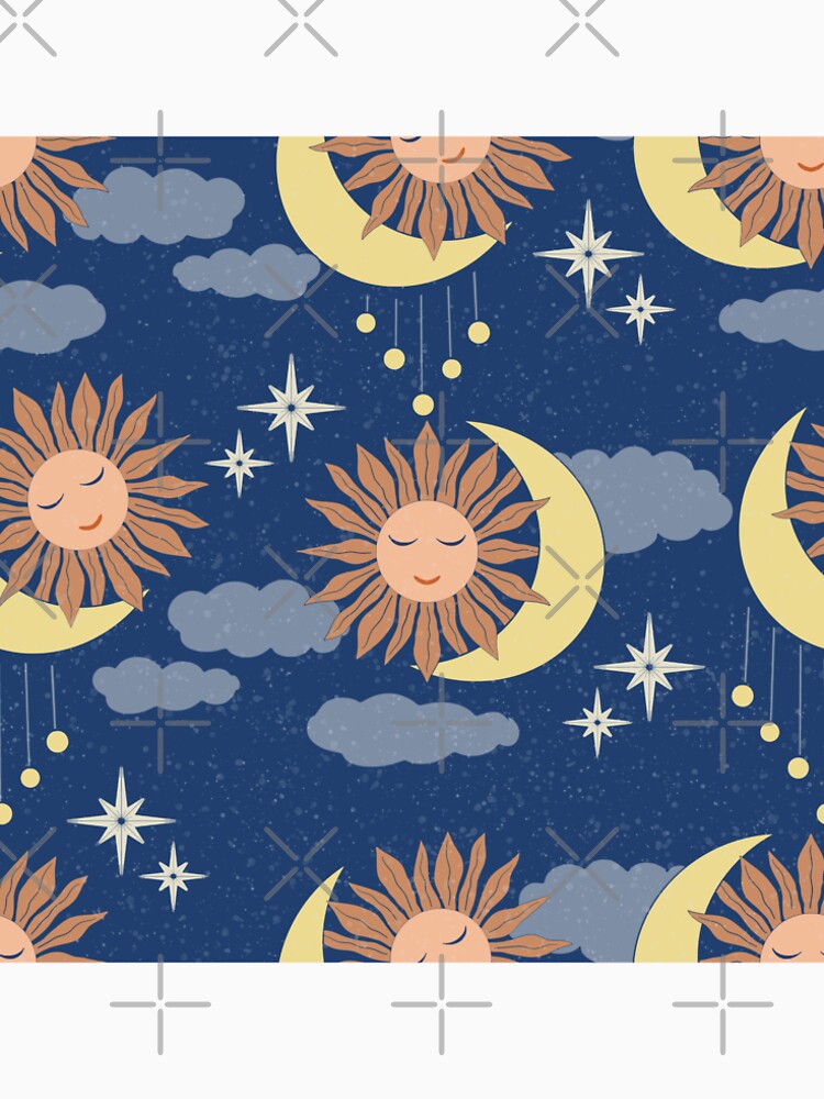 Large scale of Navy Blue Celestial Sun Moon Whimsical Night Sky Pattern by DColourMuse