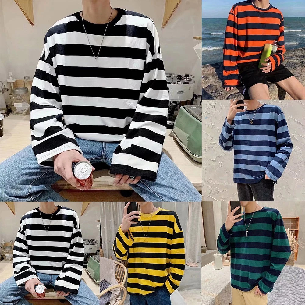 Stylish Men's Long Sleeve T Shirt with Stripe Design and Pullover Style