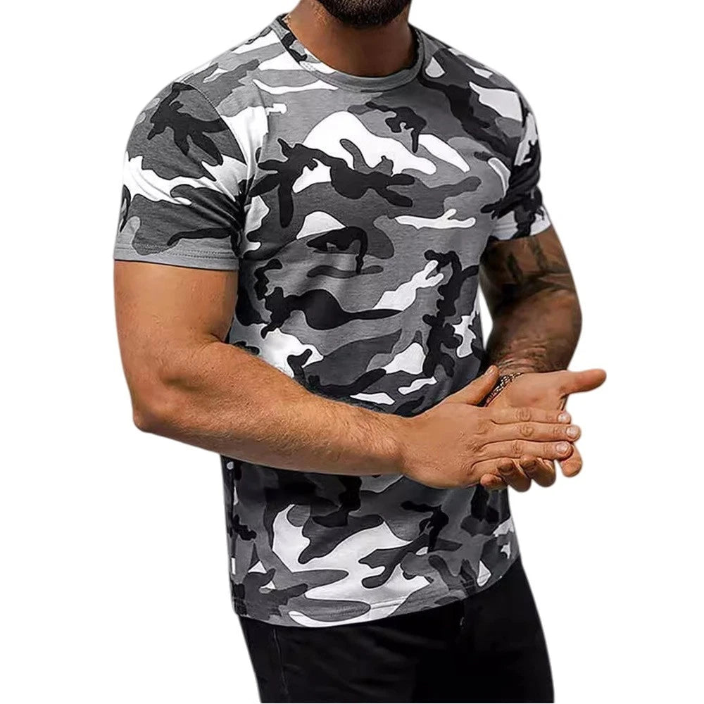 Mens Daily Wear Gray Camouflage Loose Fit Short Sleeve Round Neck T Shirt