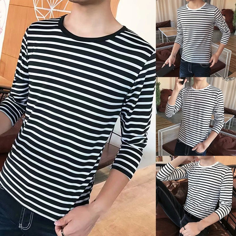 Fashion forward Men's Long Sleeve Striped T Shirt Casual Tees for Stylish Look