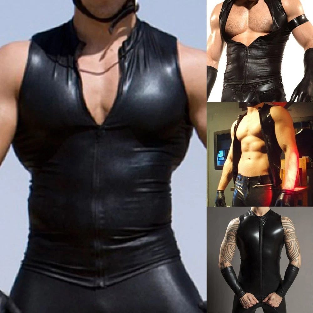 Stylish PU Leather Sleeveless Zip up T shirt for Men's Party Club Stage Costume