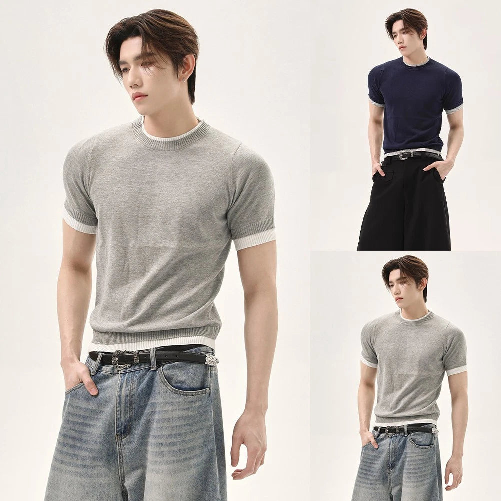 Splicing Pullover Men Knit T-shirt Casual Wear Daily Wear Splicing Pullover