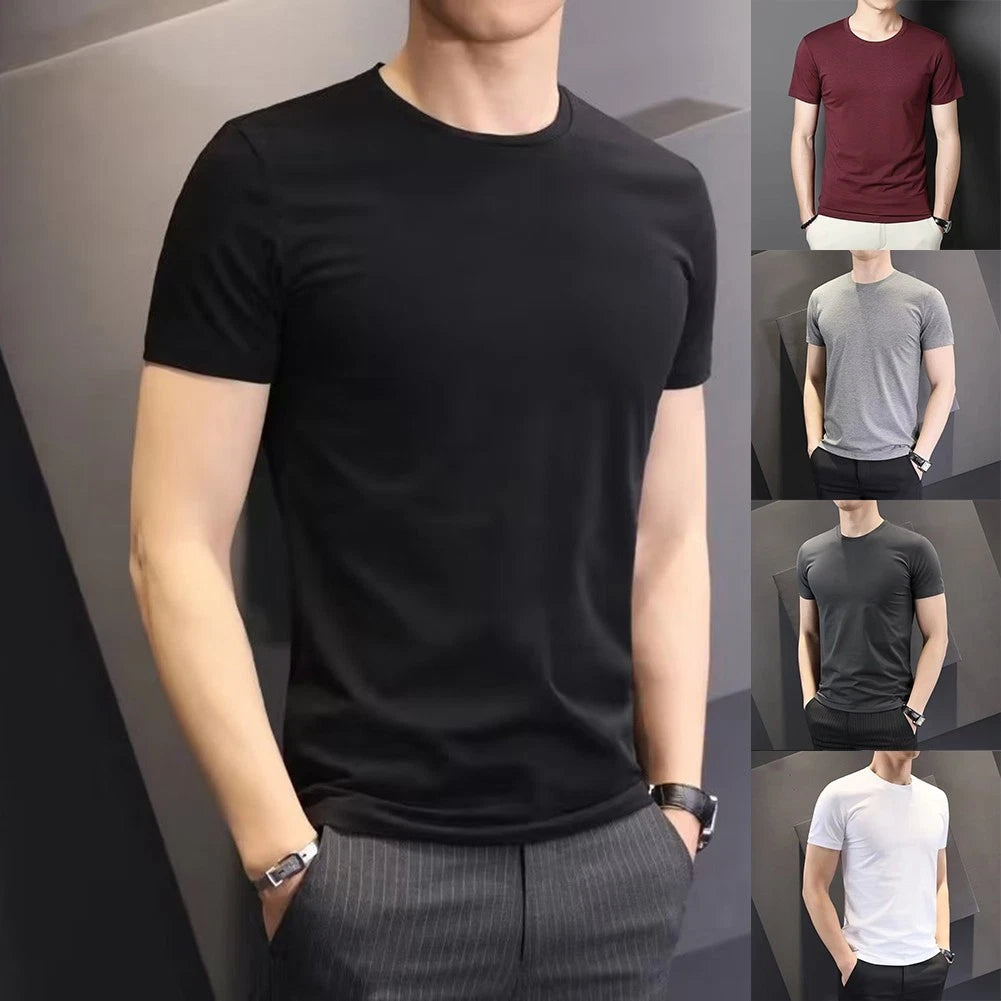 23) Slim Fit Round Neck Trendy Pullover Tee for Men Solid Color Short Sleeve