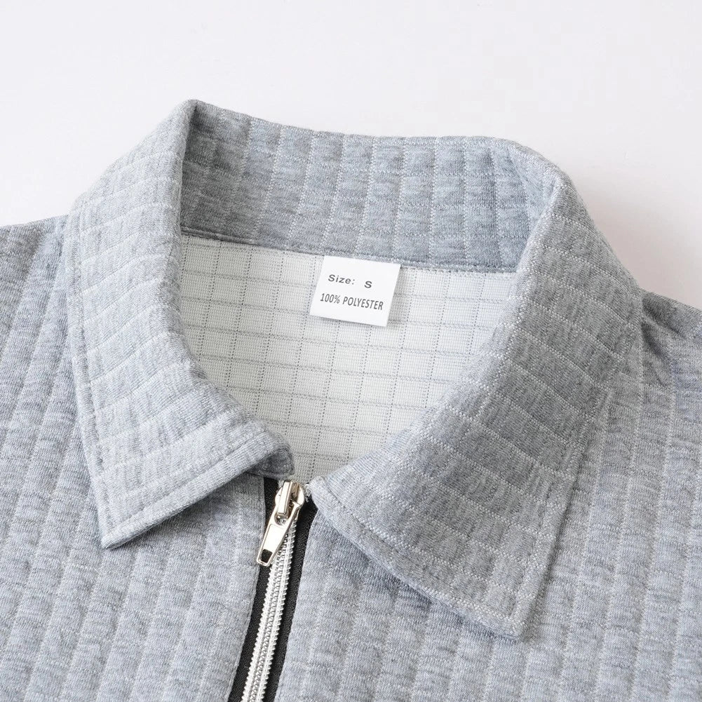 Men's Casual Solid Color Waffle Top with Half Zip Front and Lapel Style Collar
