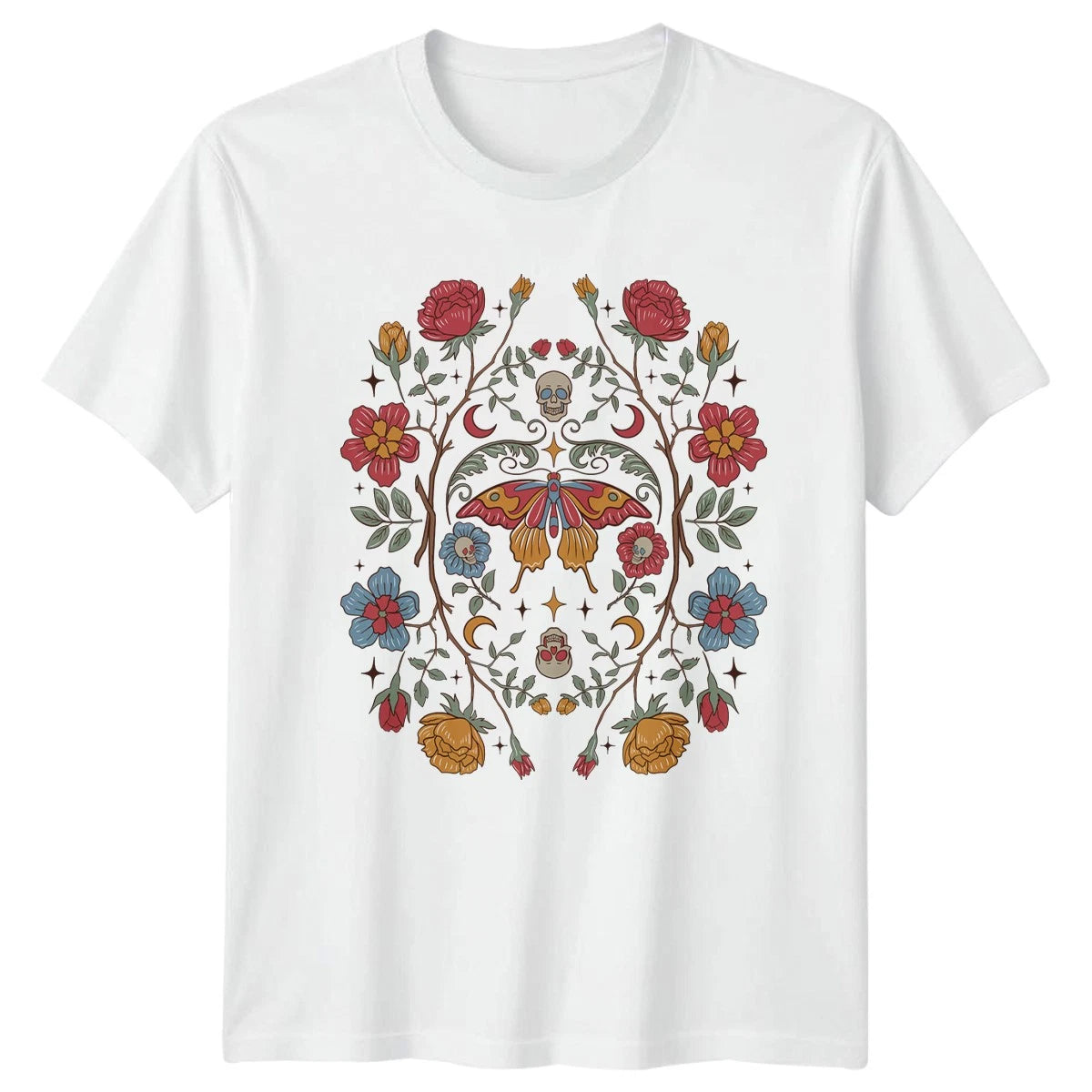 Stylish Butterfly Floral Skull Aesthetic Womens T-Shirt Birthday Gift For Her