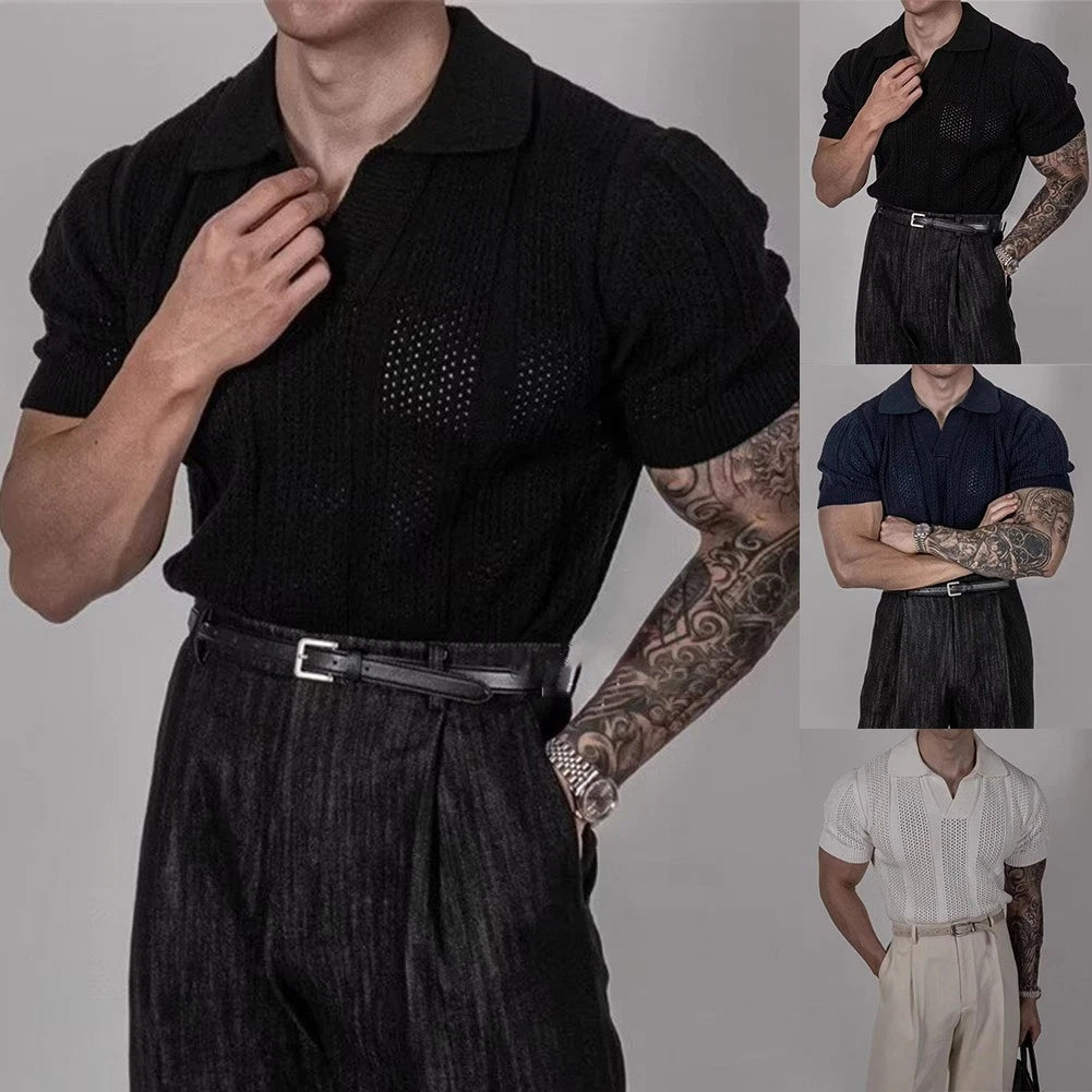 Korean Style Men Knit Shirt Hollow Lapel Design for Daily Wear in Warm Seasons