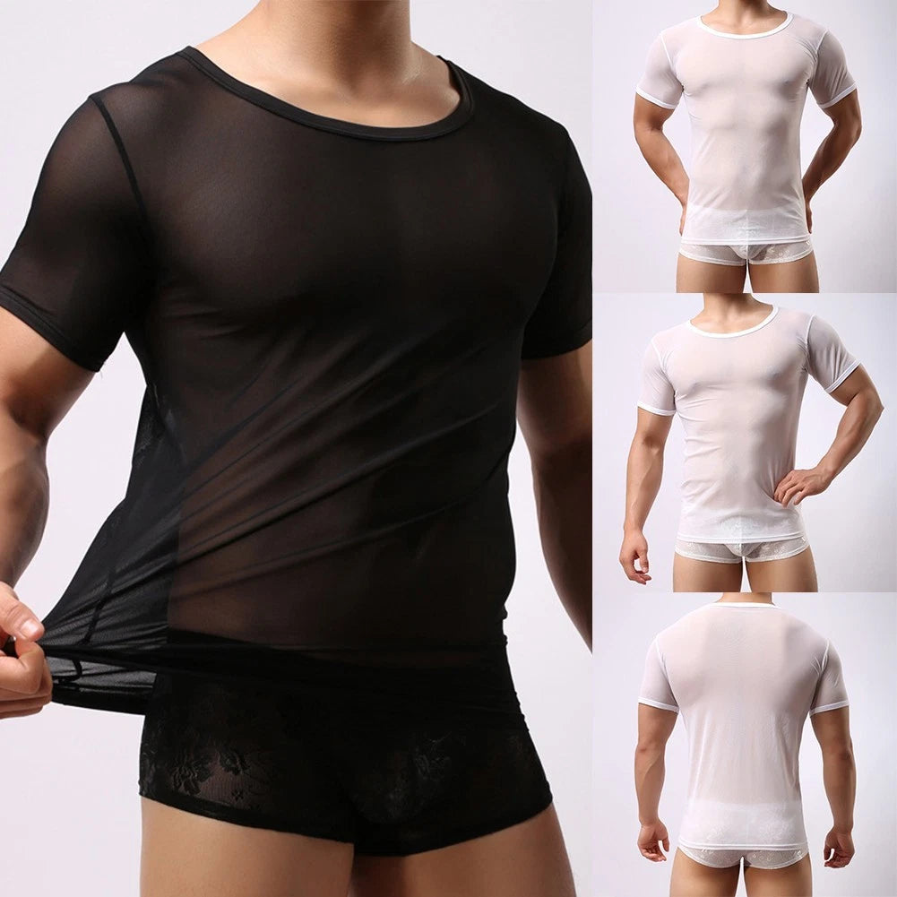 Fashionable Breathable Mesh Fishnet T Shirt Short Sleeve Night Club Top For Men