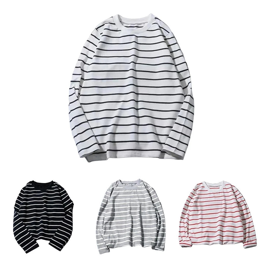 Men Striped Casual Long Sleeve T Shirt O Neck Loose Fit Base Top for Daily Wear
