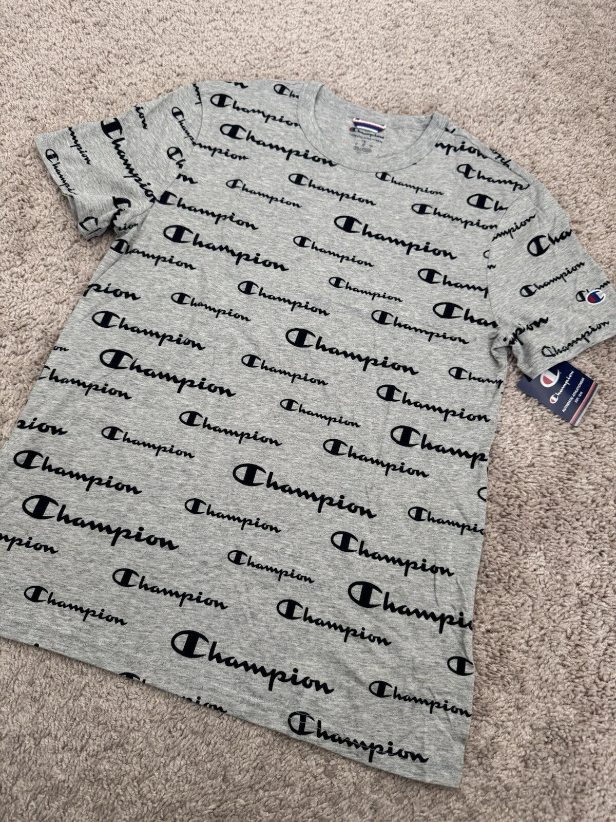 NWT Champion Gray/Black All Over Print Logo Short Sleeve T-Shirt Mens Size S