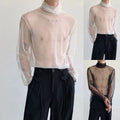 Fashionable Men's Seethrough Mesh Turtleneck Tops Long Sleeve Nightclub Shirt