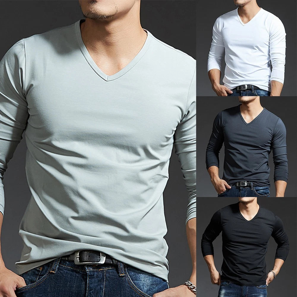 Trendy Men's Activewear Tee V Neck Blouse with Long Sleeves for a Stylish Look