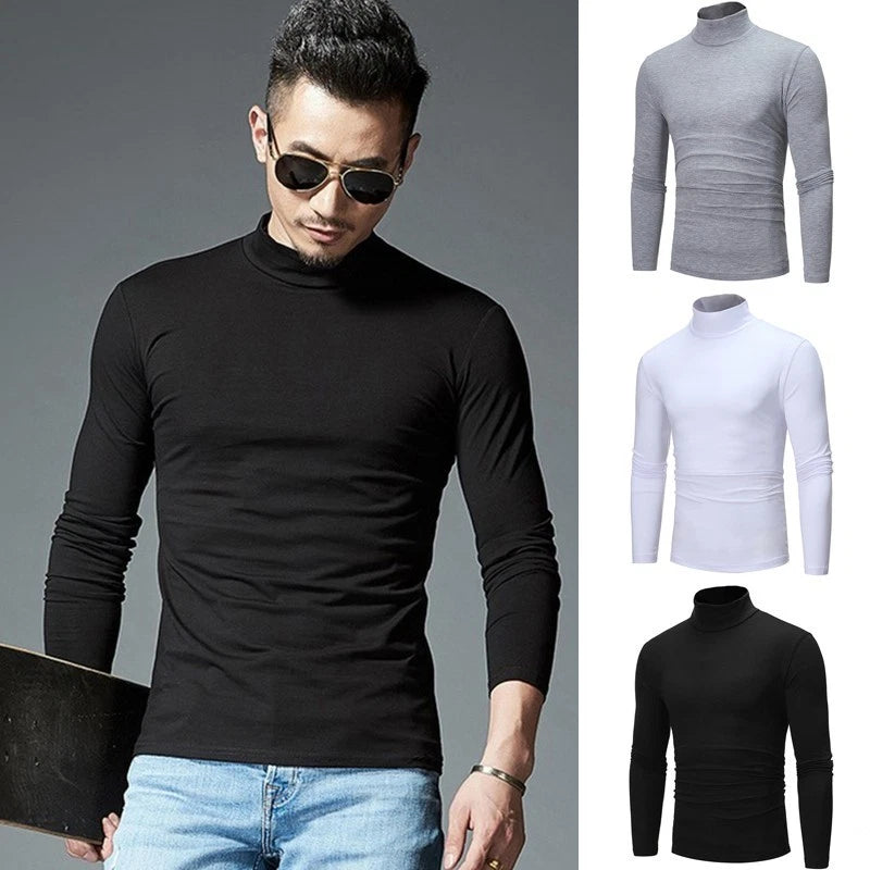 Stylish Solid Color Men's Turtleneck Long Sleeve Tee for Everyday Wear