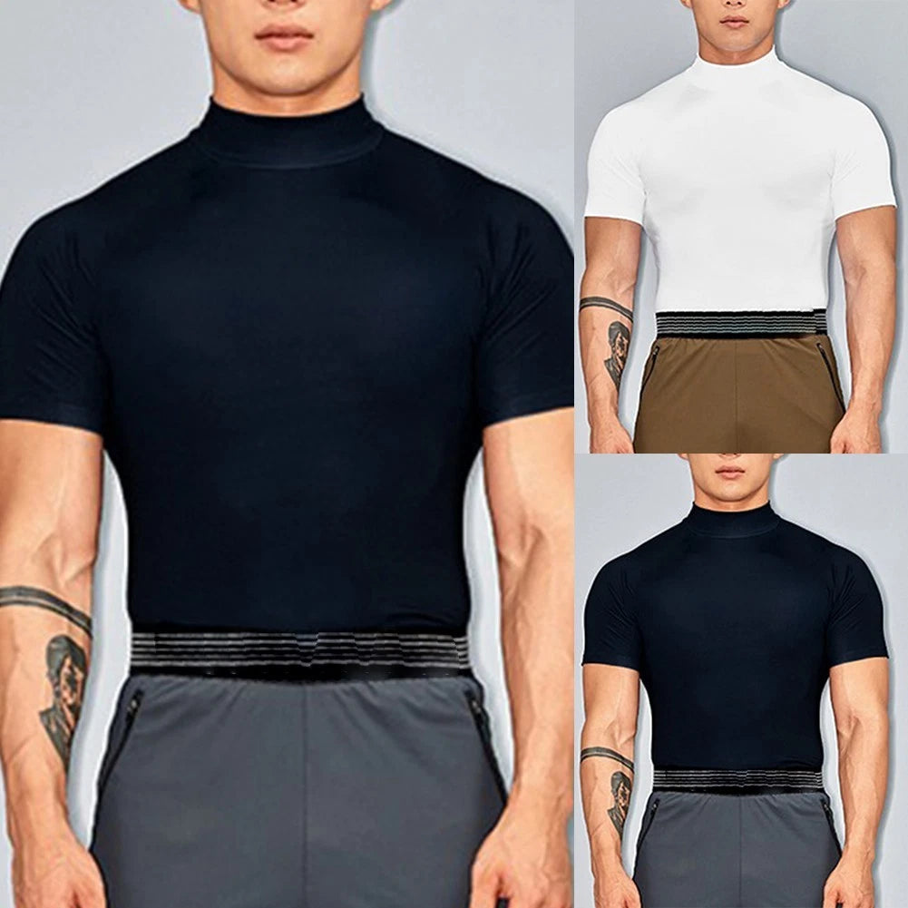 Stylish Mens Tee Designed for Fitness with High Neck and Short Sleeves