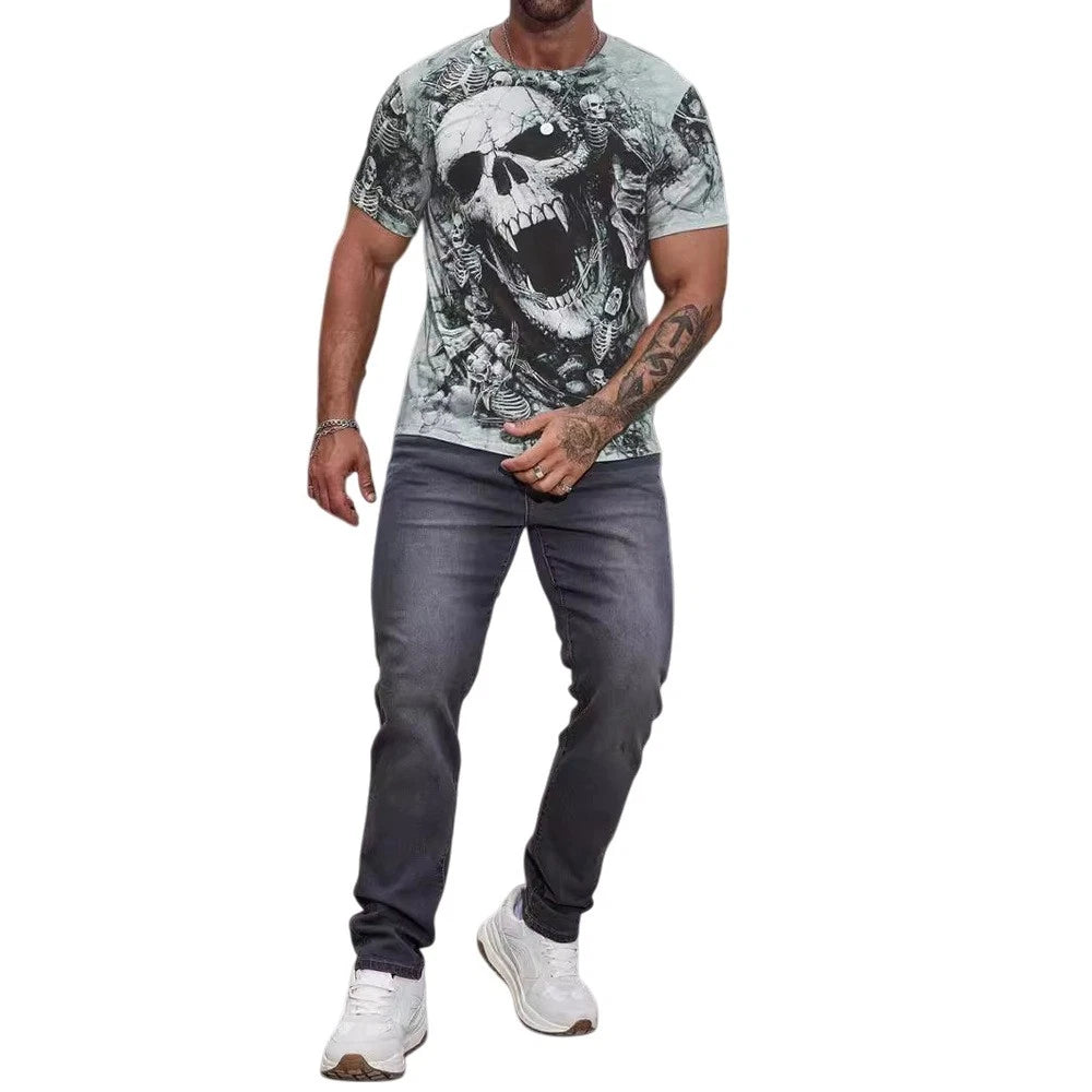 Polyester Men's Skull Print Loose Fit T Shirt Breathable for Daily Wear