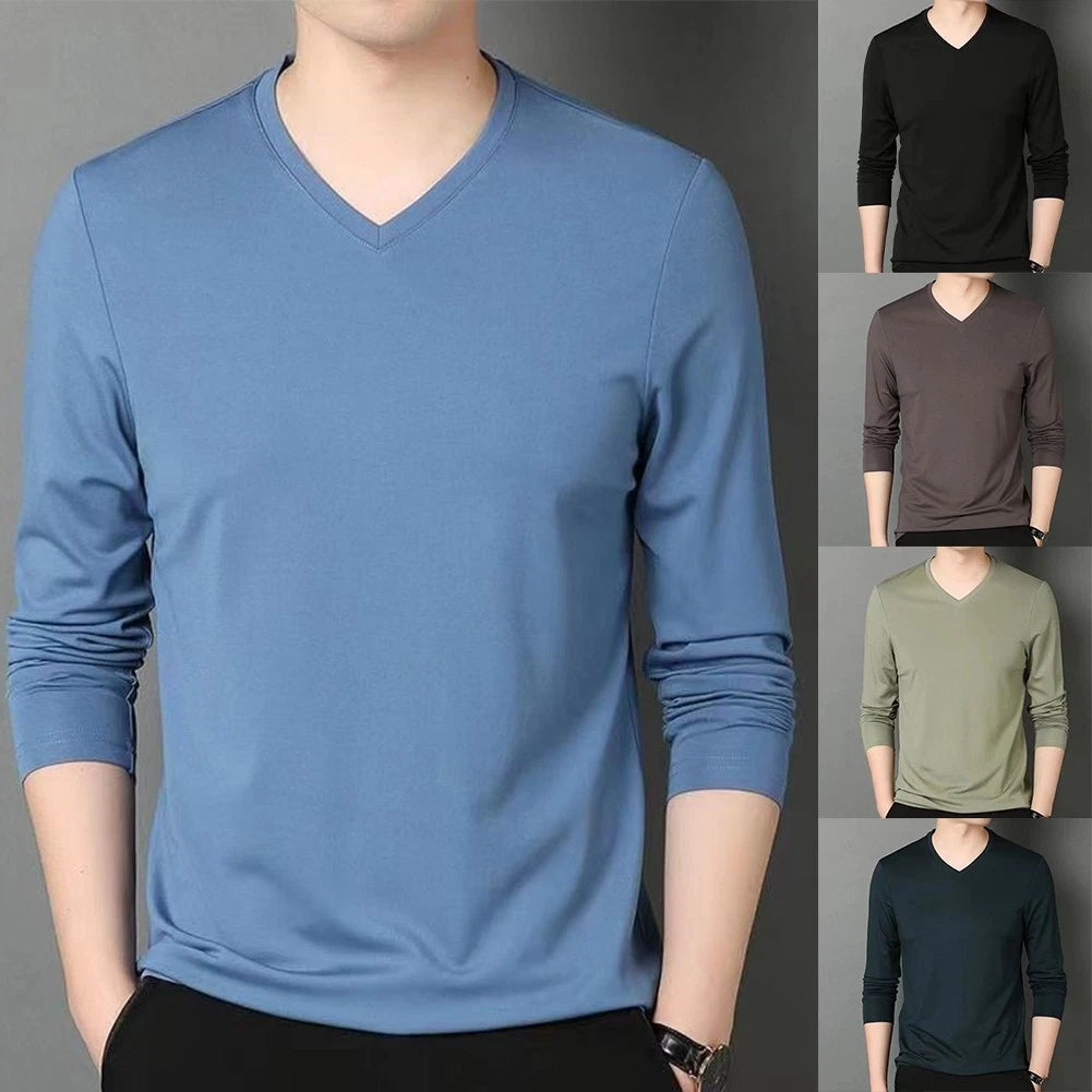 Trendy Men's Casual Long Sleeve T Shirt with V Neck for Muscle Workout
