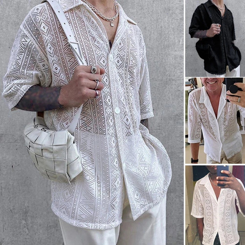 Men's Fashionable Lace Shirts Middle Sleeve Transparent Tops for Clubwear