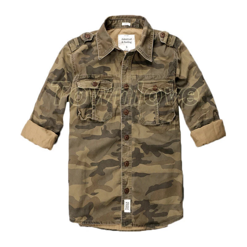 Men's Retro Casual Shirt Cotton Camouflage Slim Work Top Thin Lapel Long Sleeve