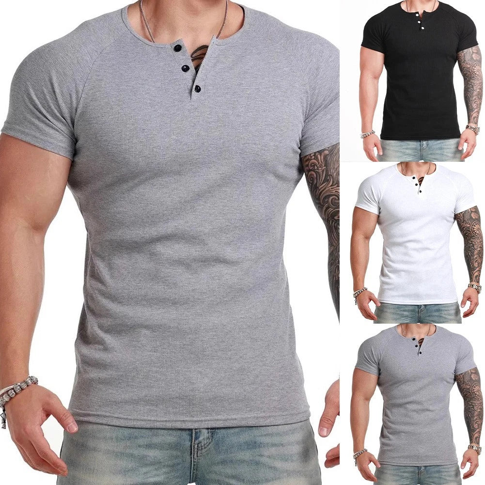Ribbed Men's Short Sleeve T Shirt Casual Muscle Base Top for Daily Wear