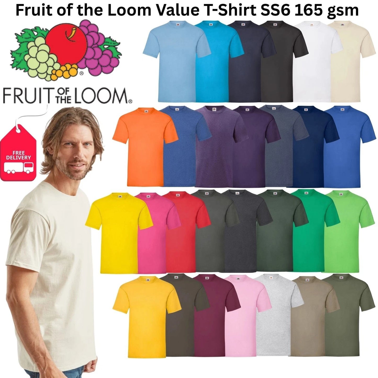 Fruit of the Loom SS6 Value T-Shirt Mens Plain Cotton Short Sleeve Casual Tee
